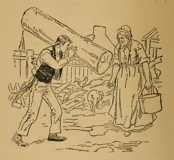 Henri Julien, Jos Montferrand transportant une énorme bûche de bois, illustration parue dans Benjamin Sulte, "Montferrand" Conte canadien, 1919, Librairie Beauchemin.