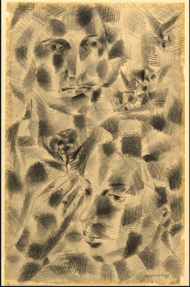 Denys Morisset, Femme, fillette et fleurs, 1959, Fusain et crayon sur papier, 47,7 x 30,3 cm Collection Musée national des beaux-arts, Québec