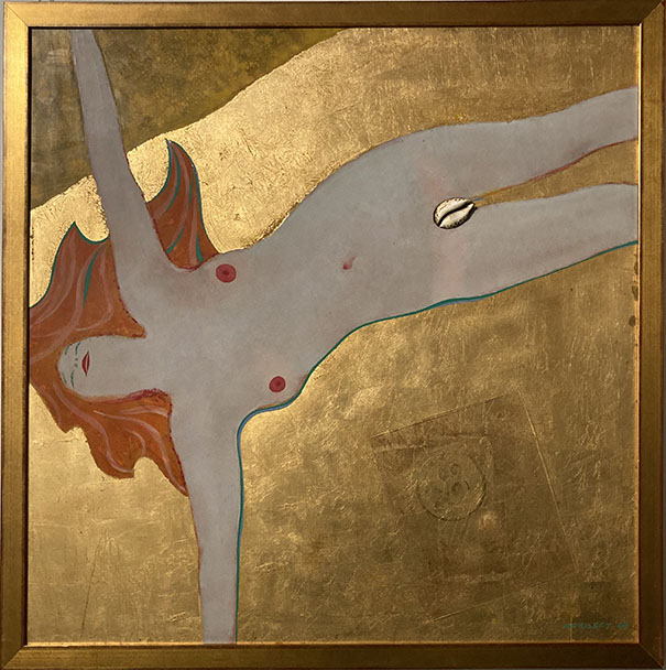 Denys Morisset, Série Femme en croix, Ophélie, 122 x 122 cm, huile sur aggloméré et feuilles d’or. Collection privée. 